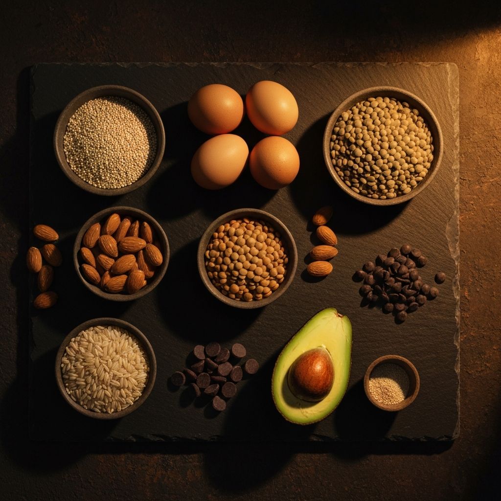 Selection of protein and carbohydrate sources including legumes, grains, and nuts