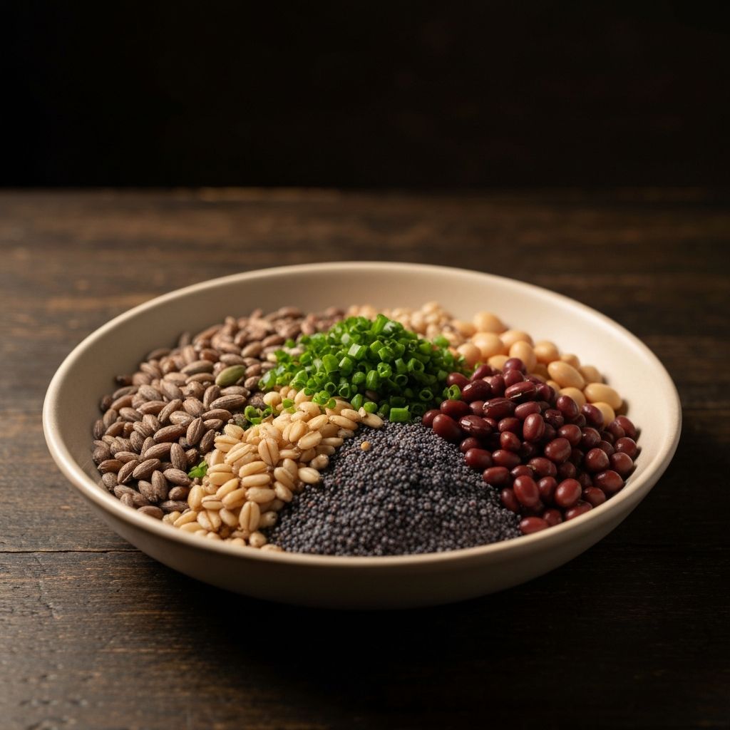 Bowl of mixed grains, seeds, and legumes